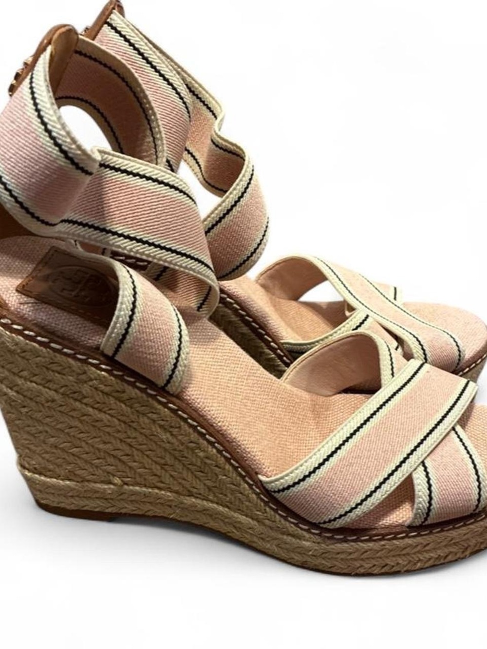 Tory Burch Pink Stripe Espadrille Wedge Sandals Canvas Platform Heels Size 8